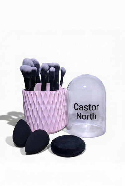 16-Piece Professional, Vegan-friendly Makeup Brush Set with Rotating Hard Case | Foundation, Eyeshadow & Concealer Brushes + 2 Blender Sponges & Powder Puff – Complete Face & Eye Beauty Kit.