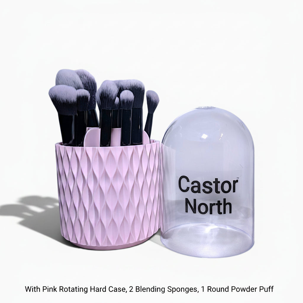 16-Piece Professional, Vegan-friendly Makeup Brush Set with Rotating Hard Case | Foundation, Eyeshadow & Concealer Brushes + 2 Blender Sponges & Powder Puff – Complete Face & Eye Beauty Kit.